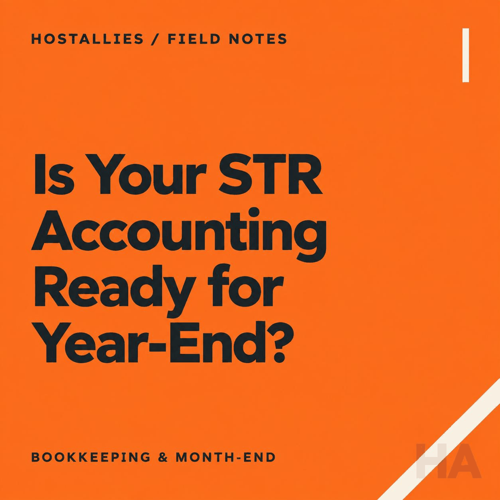 HostAllies field notes card asking if your STR accounting is ready for year-end, labeled Bookkeeping and Month-End.